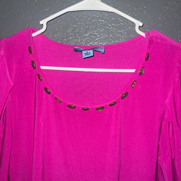 CeCe Hot Pink Embellished Neckline 3/4 Sleeve Top - Size Medium - Picture 3 of 4
